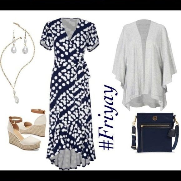 Cabi The Perfect Wrap Dress Size Medium-Navy and White-High Low Hem #5955 - Picture 2 of 9